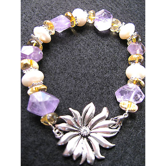 New Natural Rustic Amethyst, Citrine, Pearls Cuff Bracelet w/ Flower Clasp - Picture 5 of 8